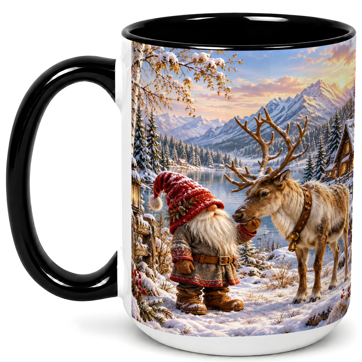 #pl[15oz|Black] Snowy Gnome Reindeer Coffee Mug, Mountain Mug, Ceramic Cup