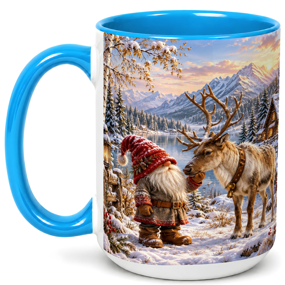 #pl[15oz|Blue] Snowy Gnome Reindeer Coffee Mug, Mountain Mug, Ceramic Cup