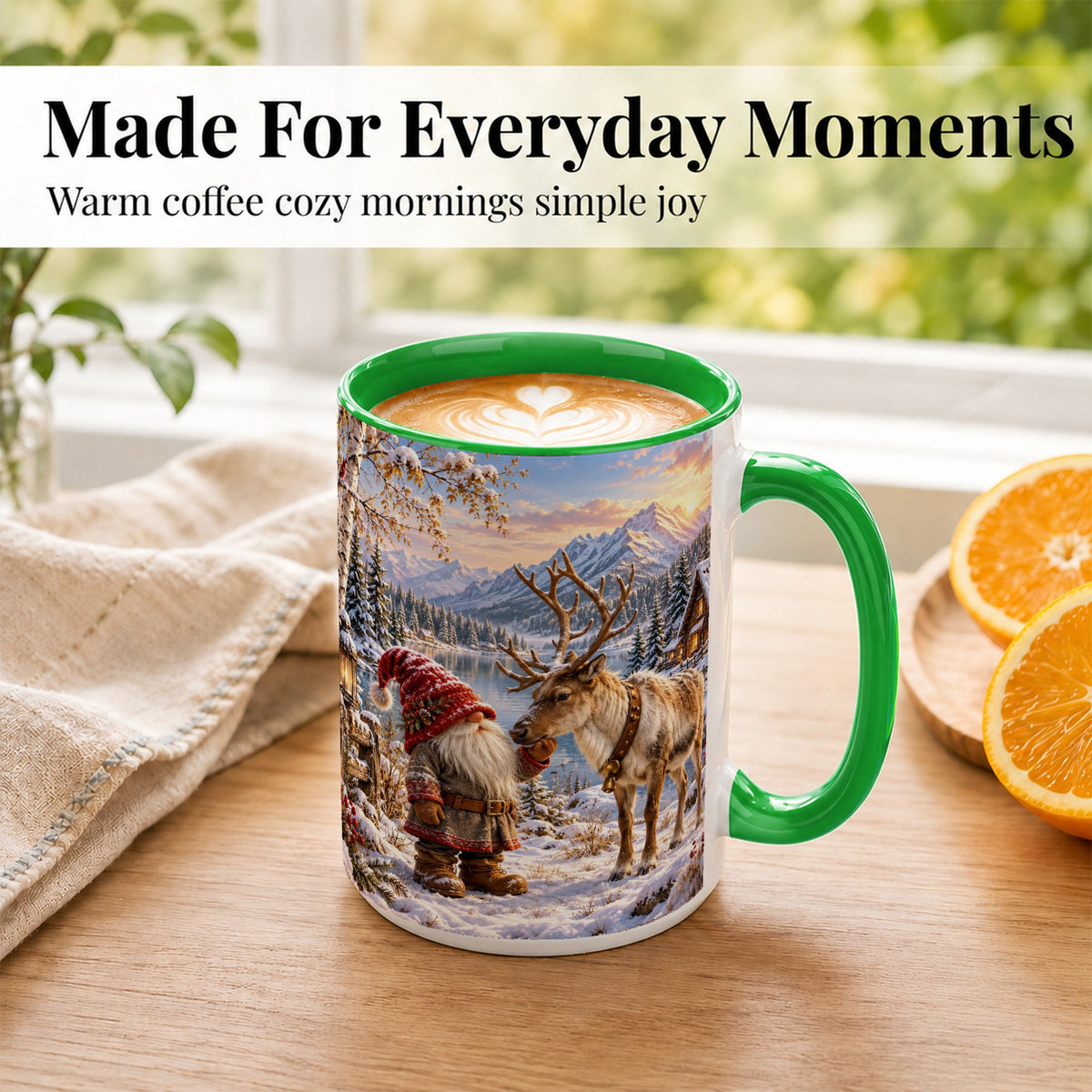 #pl[15oz|Green] Snowy Gnome Reindeer Coffee Mug, Mountain Mug, Ceramic Cup