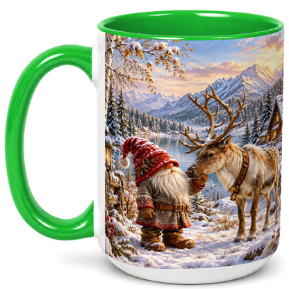 #pl[15oz|Green] Snowy Gnome Reindeer Coffee Mug, Mountain Mug, Ceramic Cup