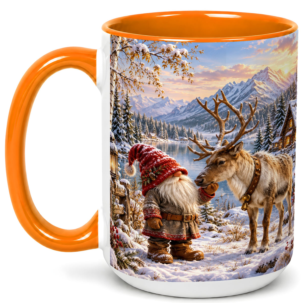 #pl[15oz|Orange] Snowy Gnome Reindeer Coffee Mug, Mountain Mug, Ceramic Cup