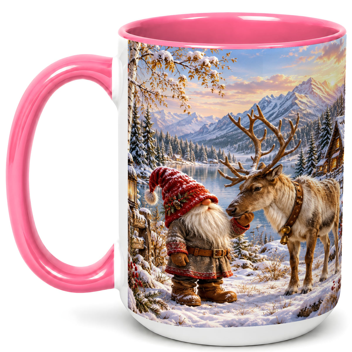 #pl[15oz|Pink] Snowy Gnome Reindeer Coffee Mug, Mountain Mug, Ceramic Cup