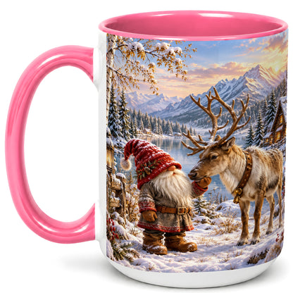 #pl[15oz|Pink] Snowy Gnome Reindeer Coffee Mug, Mountain Mug, Ceramic Cup