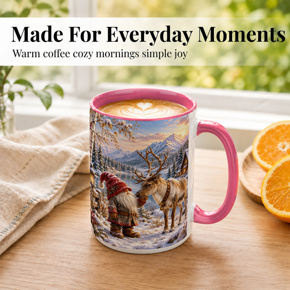 #pl[15oz|Pink] Snowy Gnome Reindeer Coffee Mug, Mountain Mug, Ceramic Cup