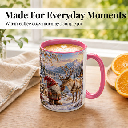 #pl[15oz|Pink] Snowy Gnome Reindeer Coffee Mug, Mountain Mug, Ceramic Cup