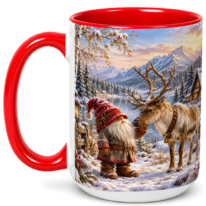 #pl[15oz|Red] Snowy Gnome Reindeer Coffee Mug, Mountain Mug, Ceramic Cup