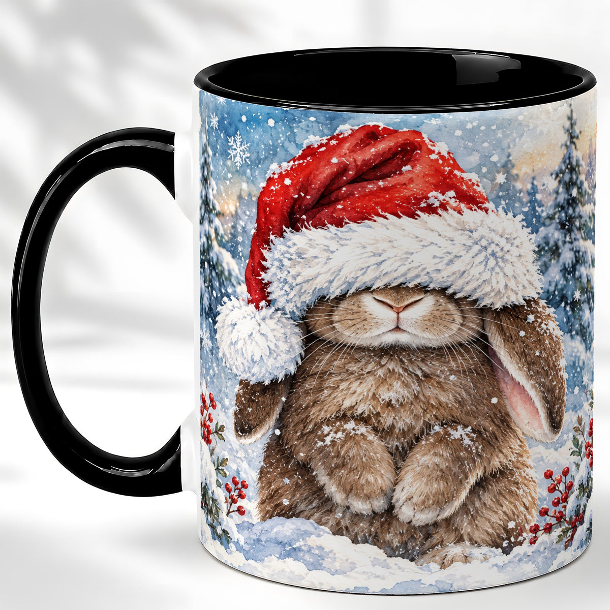 #pl[11oz|Black] Winter Bunny Coffee Mug, Santa Hat Mug, Ceramic Cup