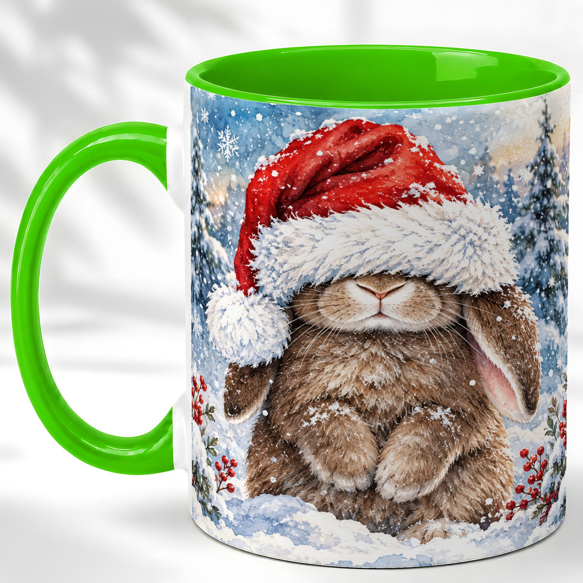 #pl[11oz|Green] Winter Bunny Coffee Mug, Santa Hat Mug, Ceramic Cup