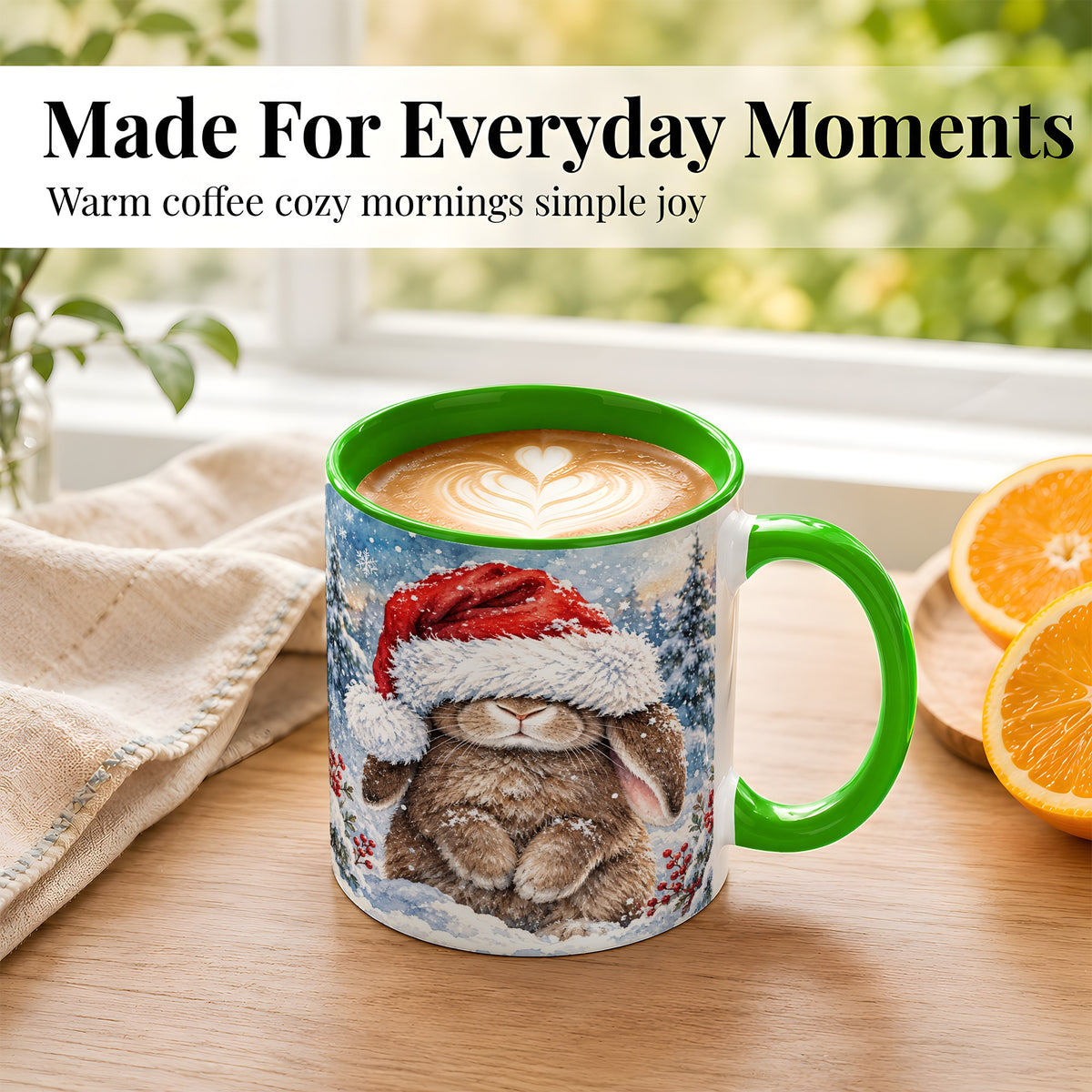#pl[11oz|Green] Winter Bunny Coffee Mug, Santa Hat Mug, Ceramic Cup