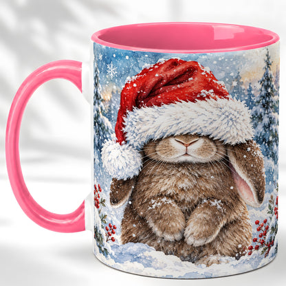 #pl[11oz|Pink] Winter Bunny Coffee Mug, Santa Hat Mug, Ceramic Cup