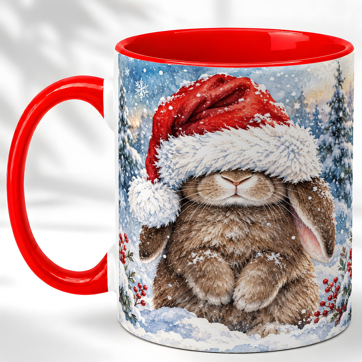Winter Bunny Coffee Mug, Santa Hat Mug, Ceramic Cup