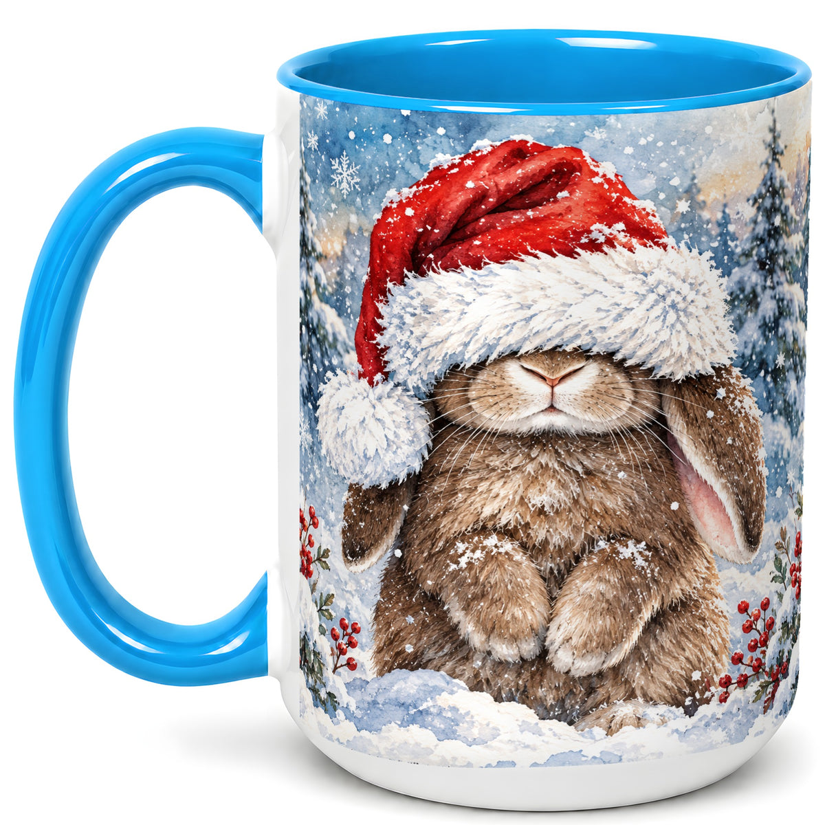 #pl[15oz|Blue] Winter Bunny Coffee Mug, Santa Hat Mug, Ceramic Cup