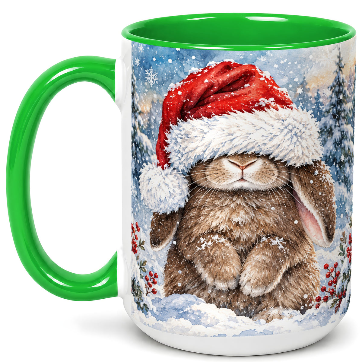 #pl[15oz|Green] Winter Bunny Coffee Mug, Santa Hat Mug, Ceramic Cup