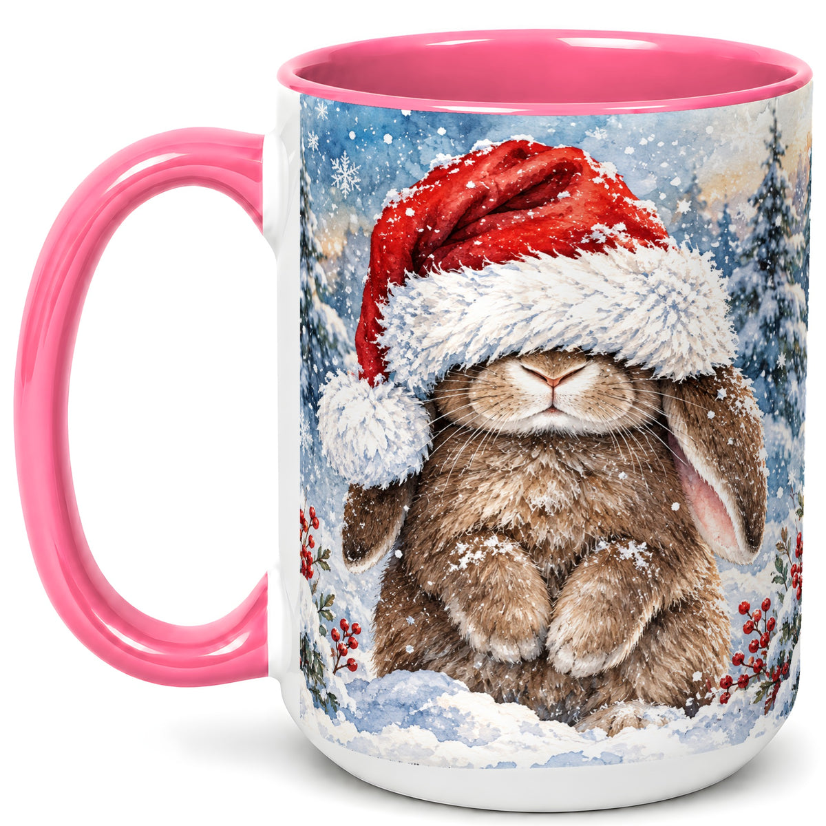 #pl[15oz|Pink] Winter Bunny Coffee Mug, Santa Hat Mug, Ceramic Cup