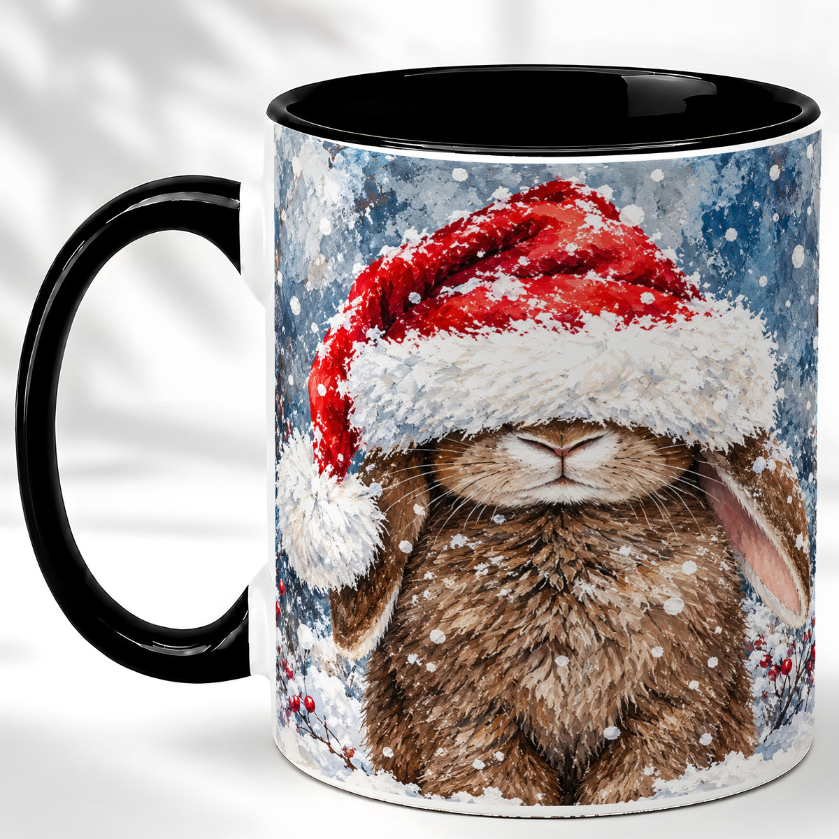 #pl[11oz|Black] Snowy Bunny Coffee Mug, Santa Hat Mug, Ceramic Cup