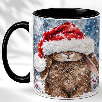 #pl[11oz|Black] Snowy Bunny Coffee Mug, Santa Hat Mug, Ceramic Cup