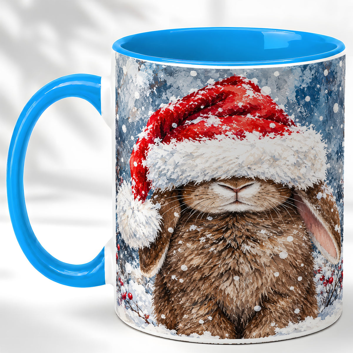 #pl[11oz|Blue] Snowy Bunny Coffee Mug, Santa Hat Mug, Ceramic Cup