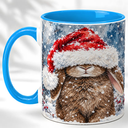 #pl[11oz|Blue] Snowy Bunny Coffee Mug, Santa Hat Mug, Ceramic Cup