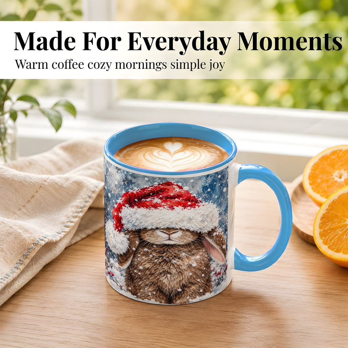 #pl[11oz|Blue] Snowy Bunny Coffee Mug, Santa Hat Mug, Ceramic Cup