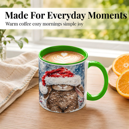 #pl[11oz|Green] Snowy Bunny Coffee Mug, Santa Hat Mug, Ceramic Cup