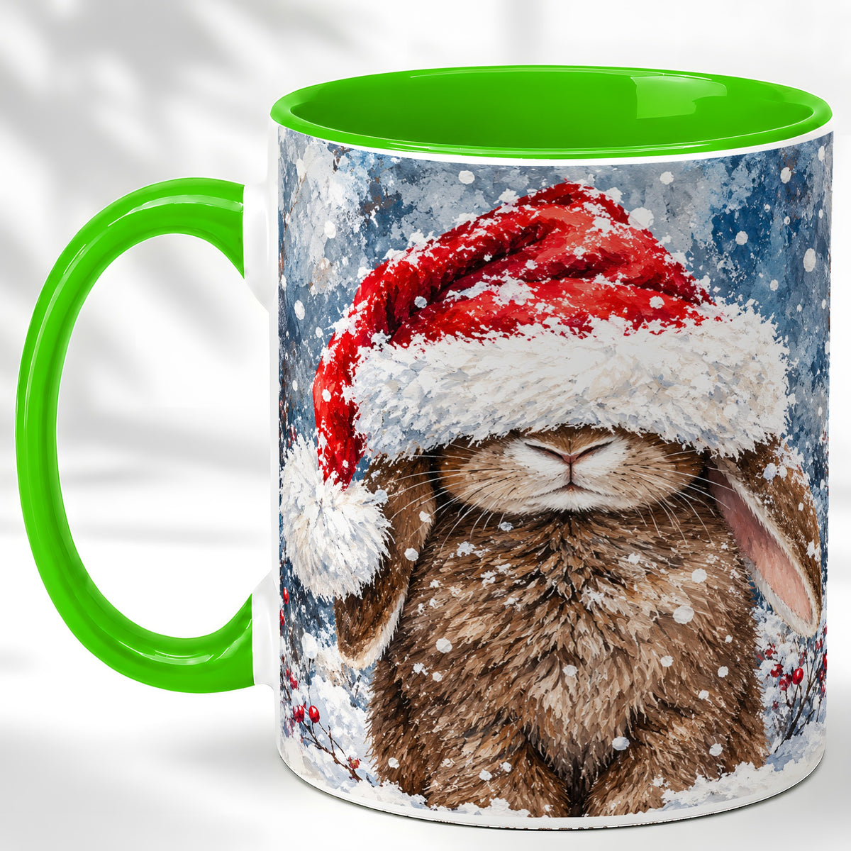 #pl[11oz|Green] Snowy Bunny Coffee Mug, Santa Hat Mug, Ceramic Cup