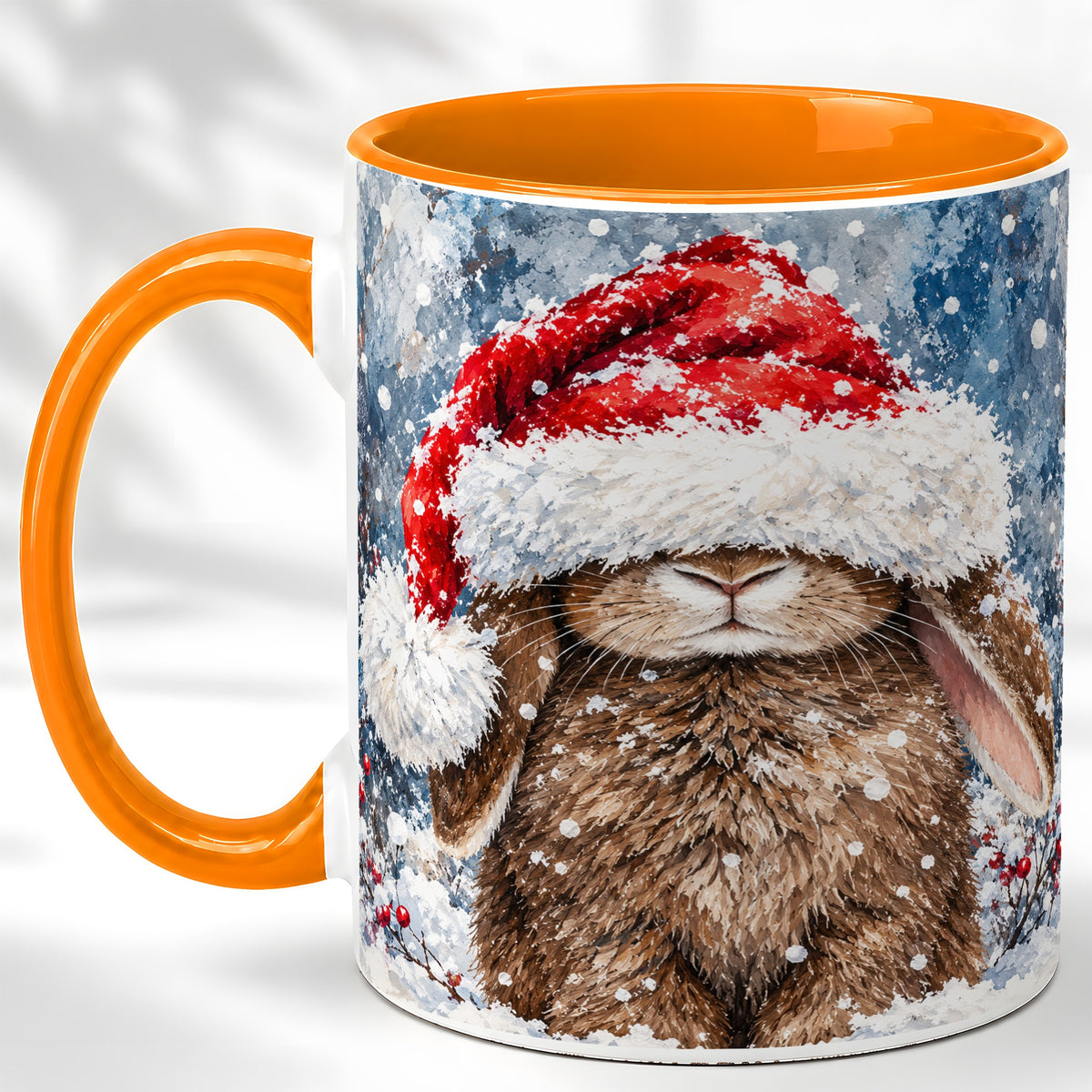 #pl[11oz|Orange] Snowy Bunny Coffee Mug, Santa Hat Mug, Ceramic Cup