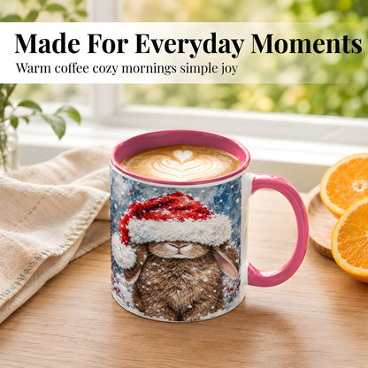 #pl[11oz|Pink] Snowy Bunny Coffee Mug, Santa Hat Mug, Ceramic Cup