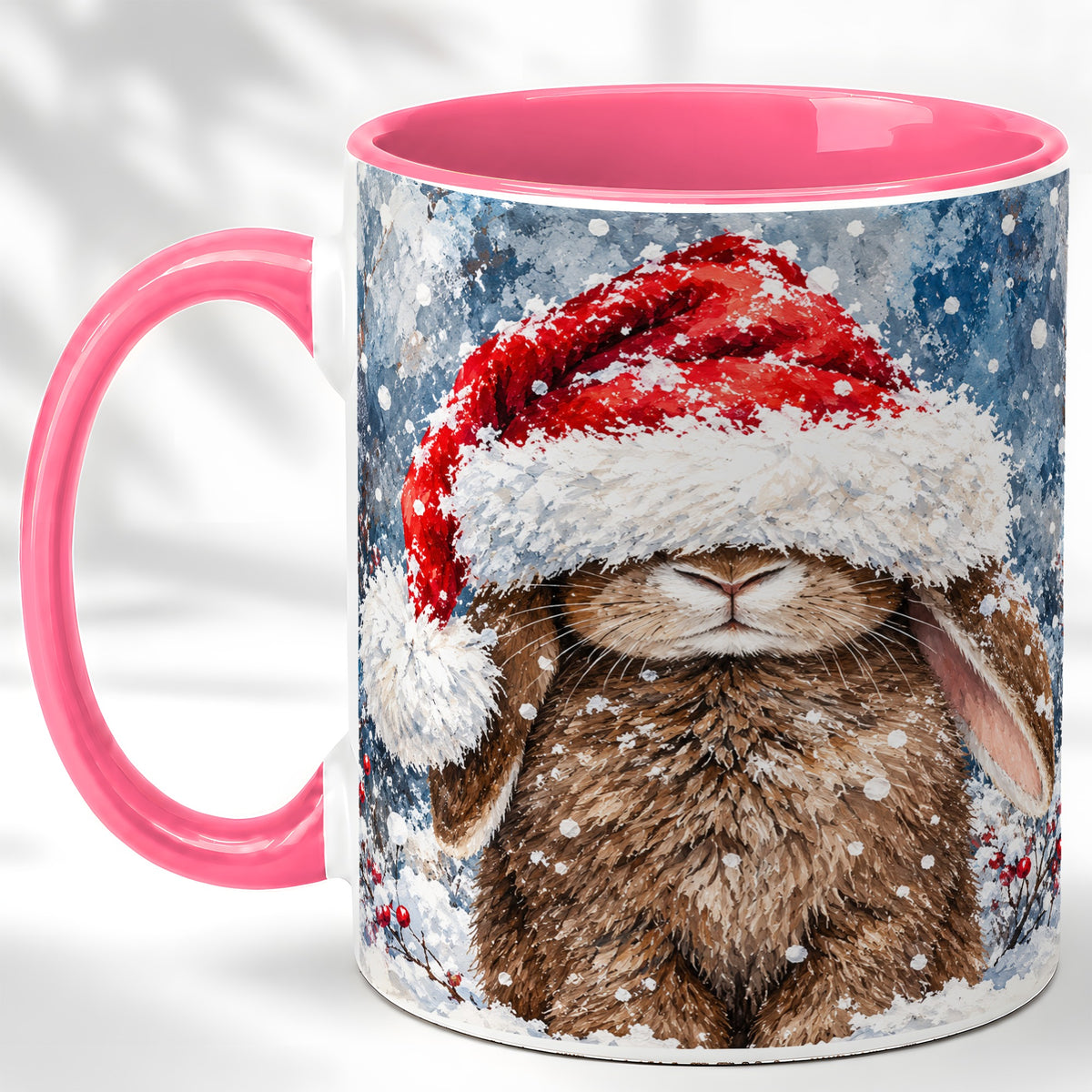#pl[11oz|Pink] Snowy Bunny Coffee Mug, Santa Hat Mug, Ceramic Cup