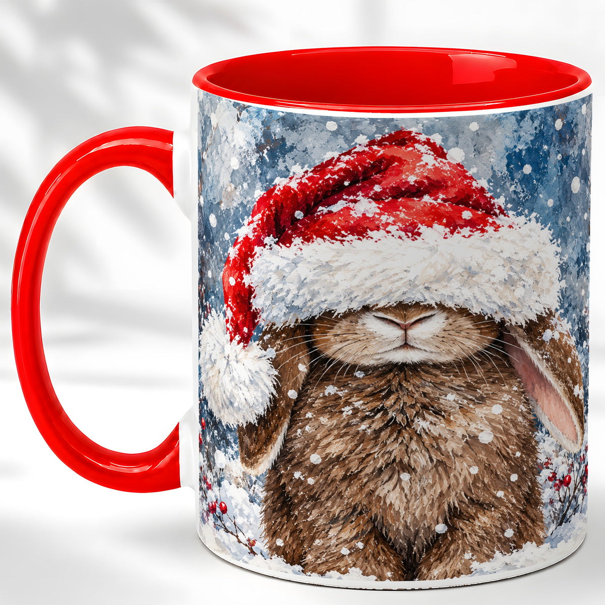 Snowy Bunny Coffee Mug, Santa Hat Mug, Ceramic Cup