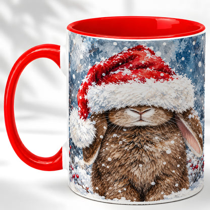 Snowy Bunny Coffee Mug, Santa Hat Mug, Ceramic Cup