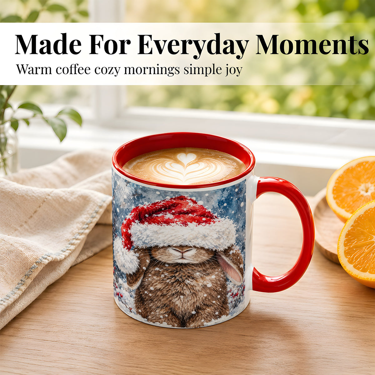 #pl[11oz|Red] Snowy Bunny Coffee Mug, Santa Hat Mug, Ceramic Cup