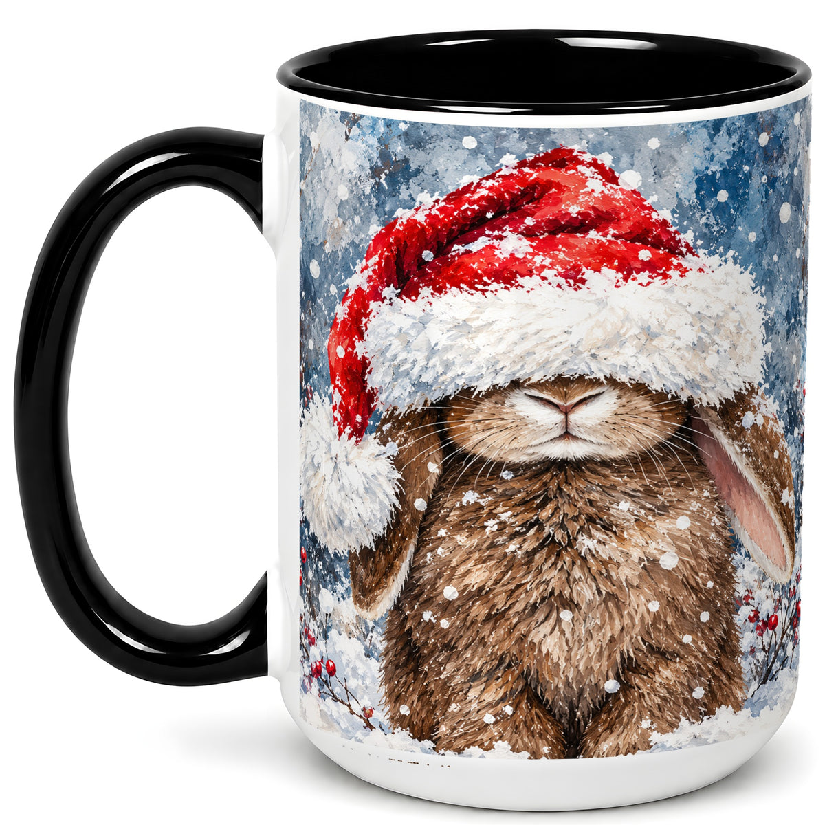 #pl[15oz|Black] Snowy Bunny Coffee Mug, Santa Hat Mug, Ceramic Cup
