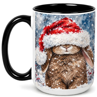 #pl[15oz|Black] Snowy Bunny Coffee Mug, Santa Hat Mug, Ceramic Cup