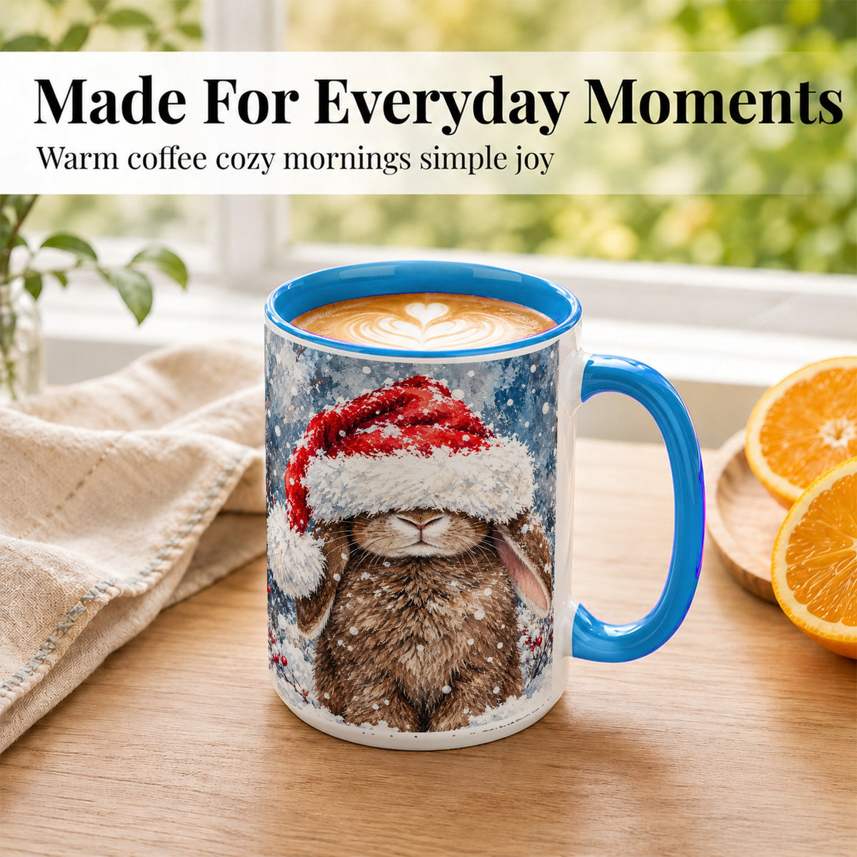 #pl[15oz|Blue] Snowy Bunny Coffee Mug, Santa Hat Mug, Ceramic Cup