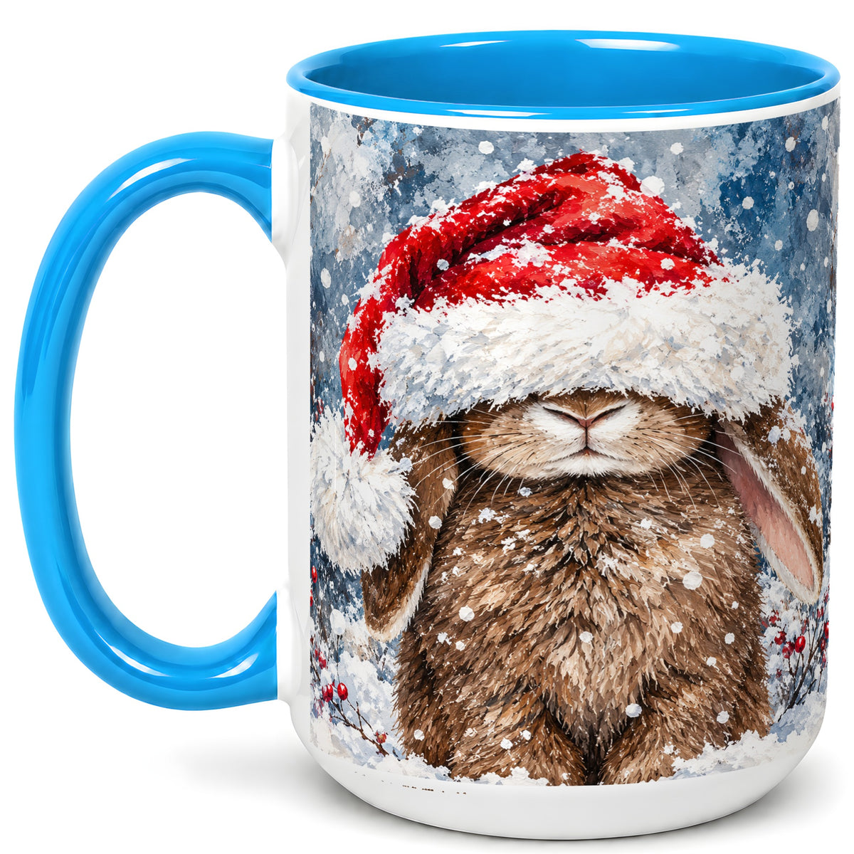 #pl[15oz|Blue] Snowy Bunny Coffee Mug, Santa Hat Mug, Ceramic Cup