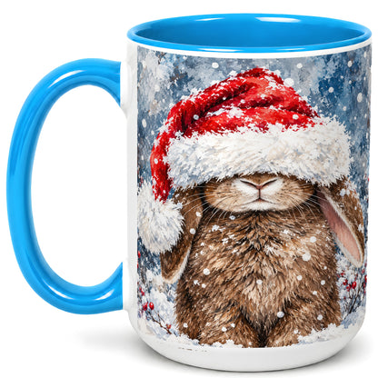 #pl[15oz|Blue] Snowy Bunny Coffee Mug, Santa Hat Mug, Ceramic Cup
