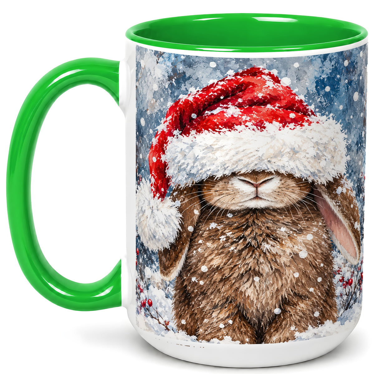 #pl[15oz|Green] Snowy Bunny Coffee Mug, Santa Hat Mug, Ceramic Cup