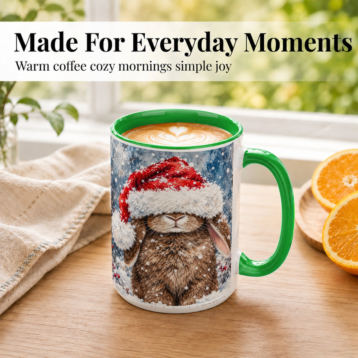 #pl[15oz|Green] Snowy Bunny Coffee Mug, Santa Hat Mug, Ceramic Cup
