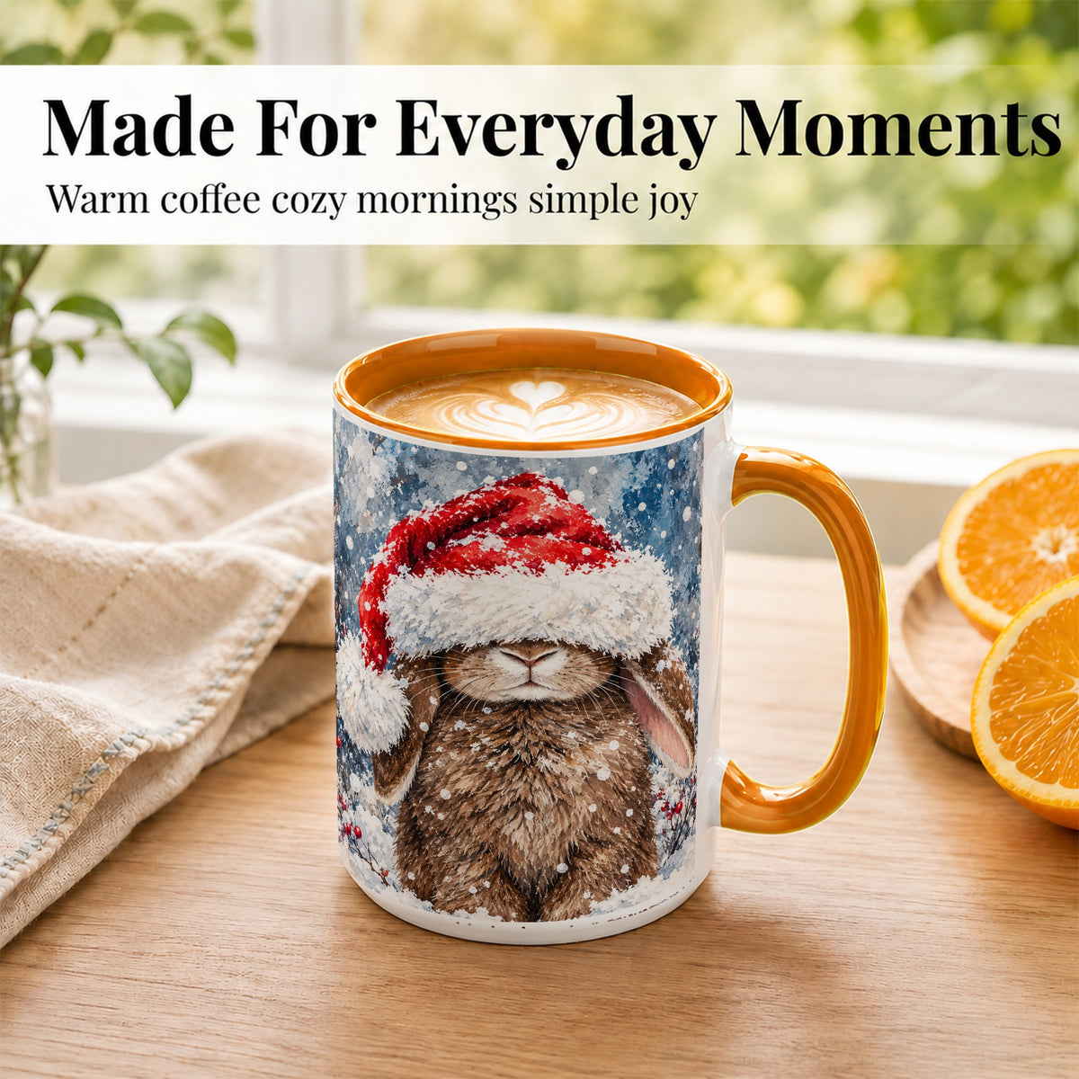 #pl[15oz|Orange] Snowy Bunny Coffee Mug, Santa Hat Mug, Ceramic Cup