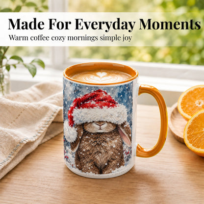 #pl[15oz|Orange] Snowy Bunny Coffee Mug, Santa Hat Mug, Ceramic Cup