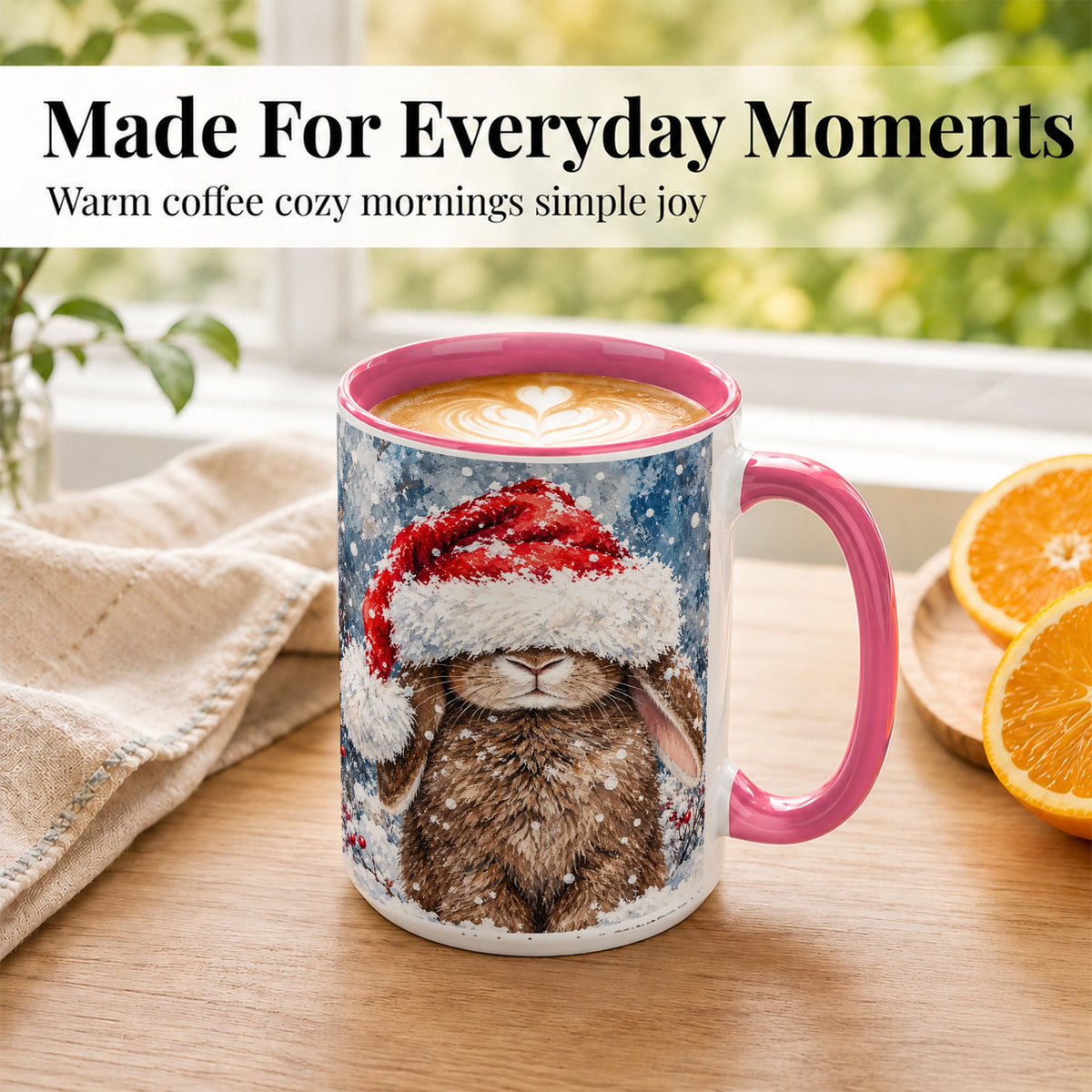 #pl[15oz|Pink] Snowy Bunny Coffee Mug, Santa Hat Mug, Ceramic Cup