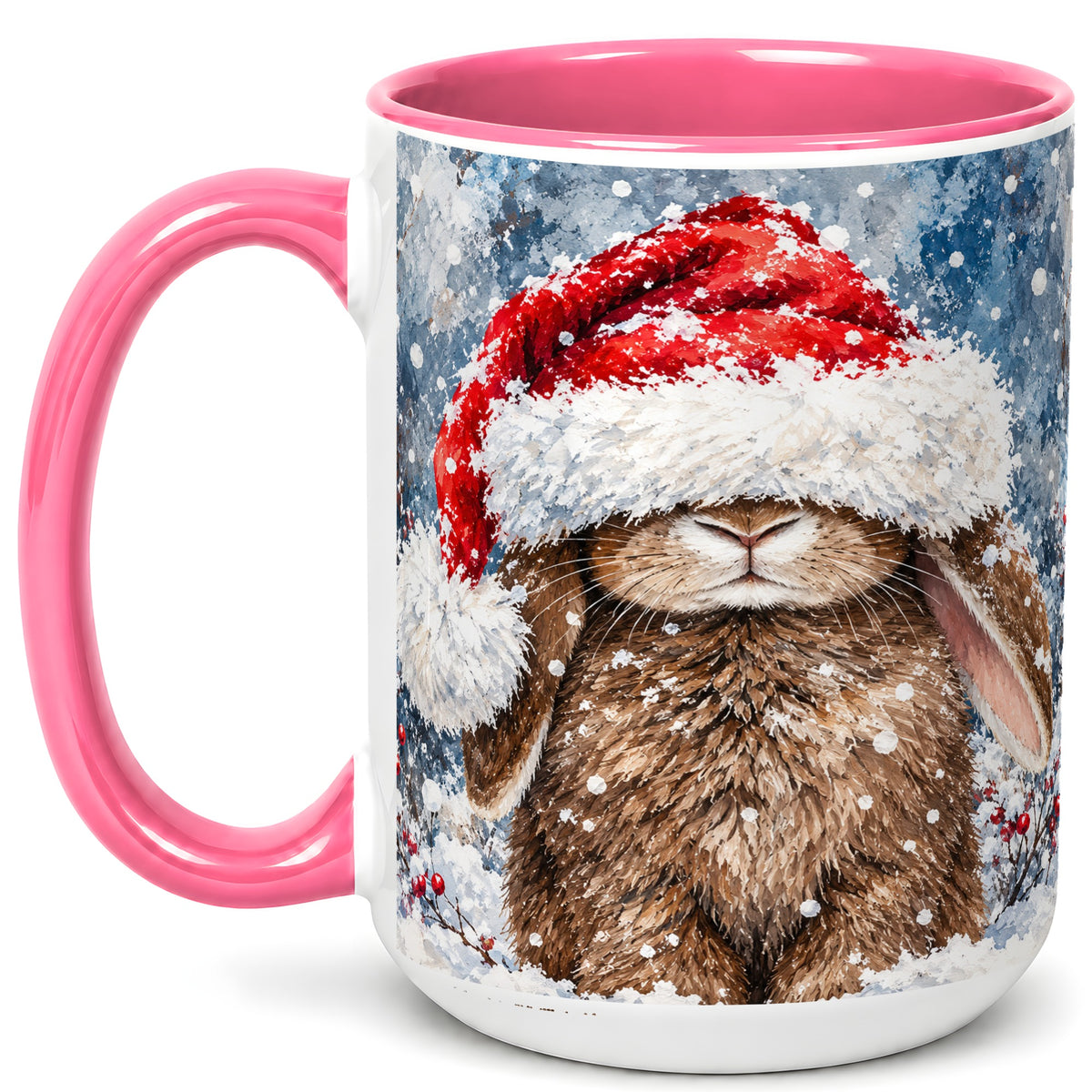 #pl[15oz|Pink] Snowy Bunny Coffee Mug, Santa Hat Mug, Ceramic Cup