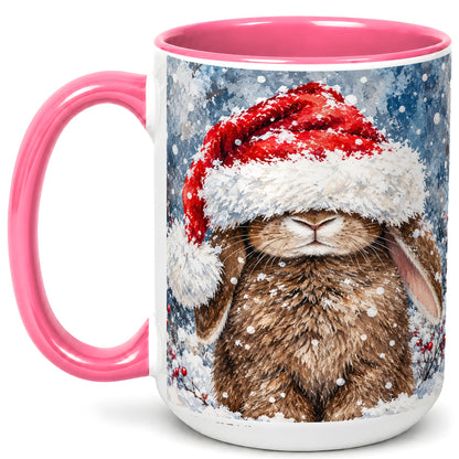 #pl[15oz|Pink] Snowy Bunny Coffee Mug, Santa Hat Mug, Ceramic Cup