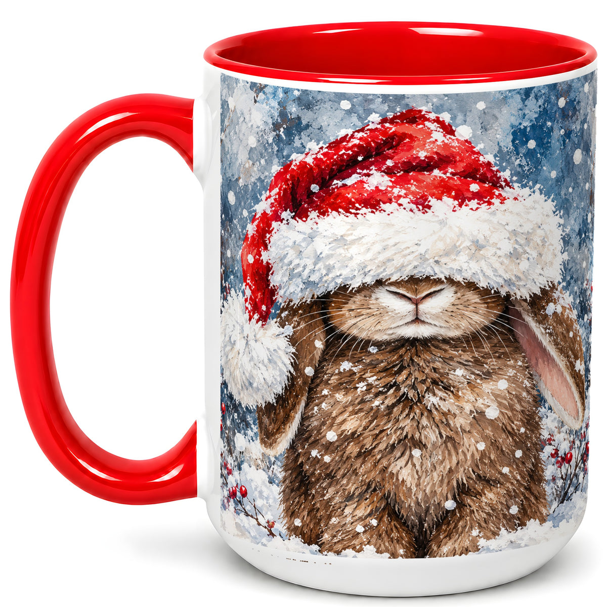 #pl[15oz|Red] Snowy Bunny Coffee Mug, Santa Hat Mug, Ceramic Cup