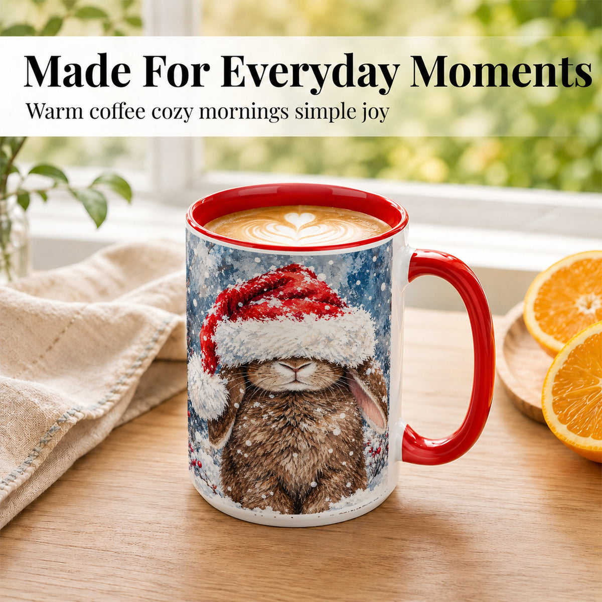 #pl[15oz|Red] Snowy Bunny Coffee Mug, Santa Hat Mug, Ceramic Cup