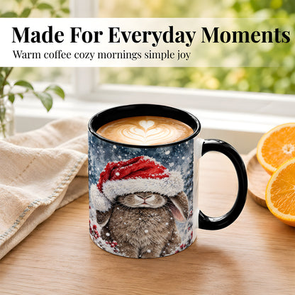 #pl[11oz|Black] Christmas Bunny Coffee Mug, Snowy Rabbit Mug, Ceramic Cup