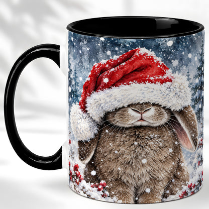 #pl[11oz|Black] Christmas Bunny Coffee Mug, Snowy Rabbit Mug, Ceramic Cup