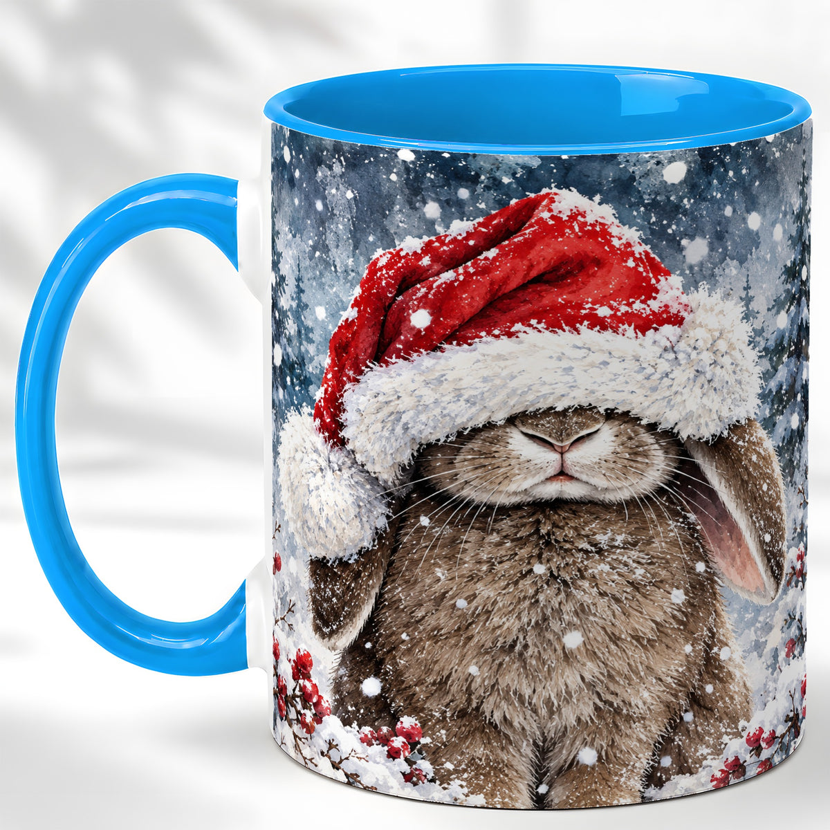#pl[11oz|Blue] Christmas Bunny Coffee Mug, Snowy Rabbit Mug, Ceramic Cup