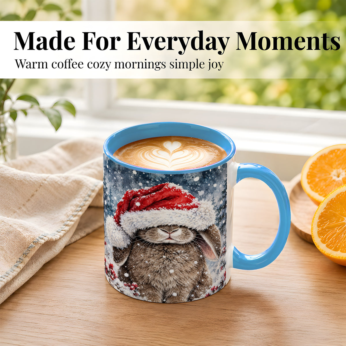 #pl[11oz|Blue] Christmas Bunny Coffee Mug, Snowy Rabbit Mug, Ceramic Cup