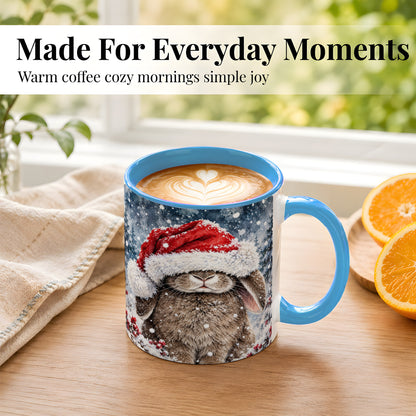 #pl[11oz|Blue] Christmas Bunny Coffee Mug, Snowy Rabbit Mug, Ceramic Cup